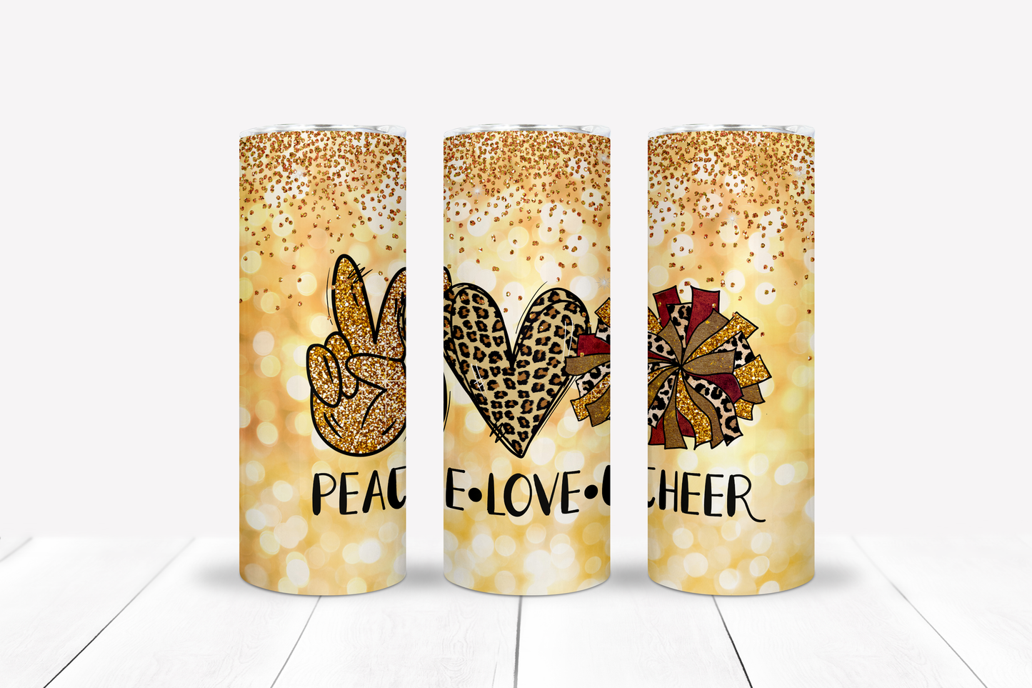 Peace Love Cheer Tumbler Gold 20 oz