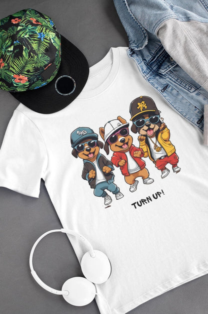 Turn Up, Hip-Hop, Animal, T-shirt, Dog, Youth, Children, Animal, Soft, Stylish, Comfortable, Fun, unique, Cotton, DTF, Direct To Fabric
